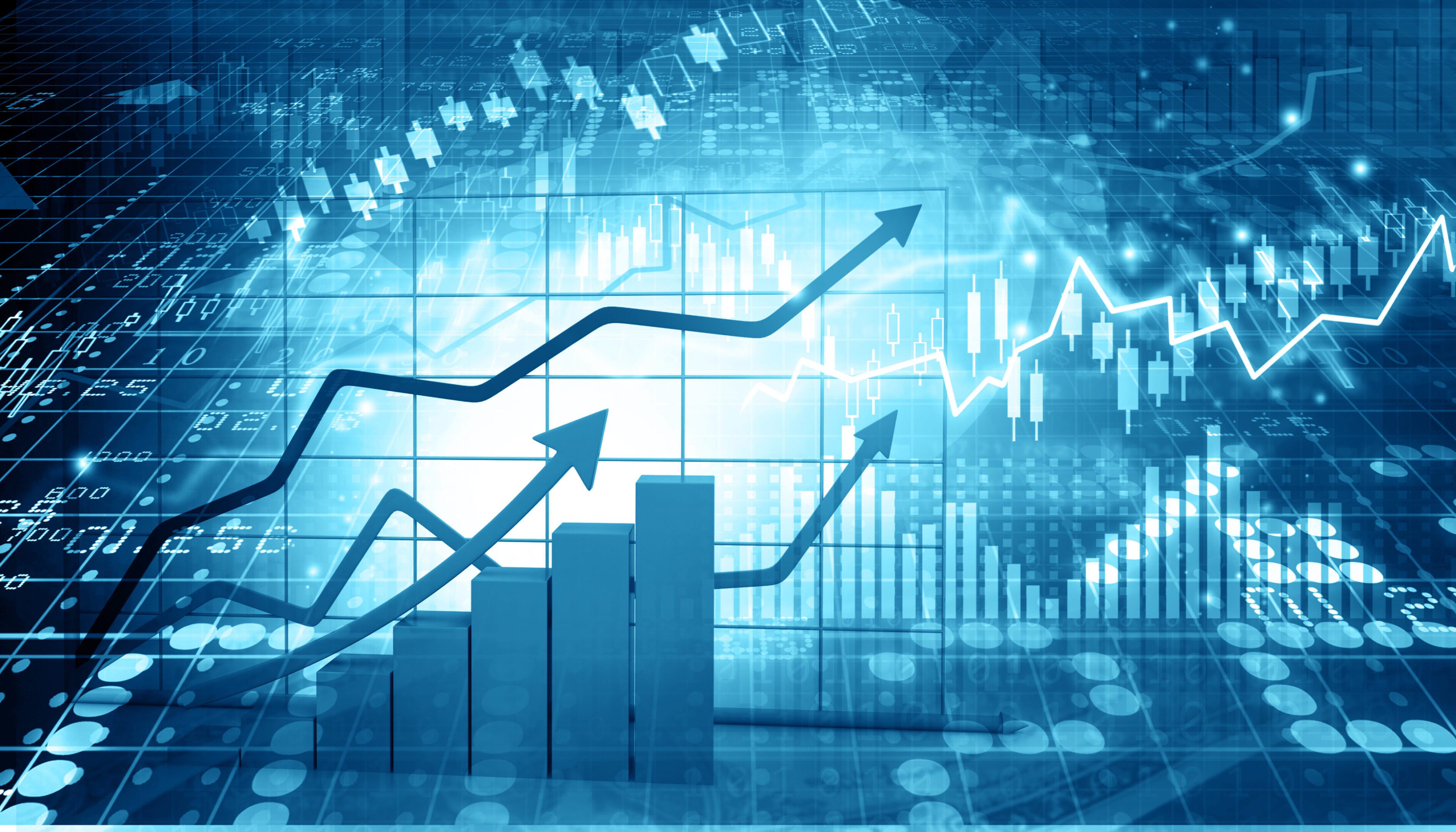 Stock market report Here's an alt tag for the image: Upward trending graphs and charts.