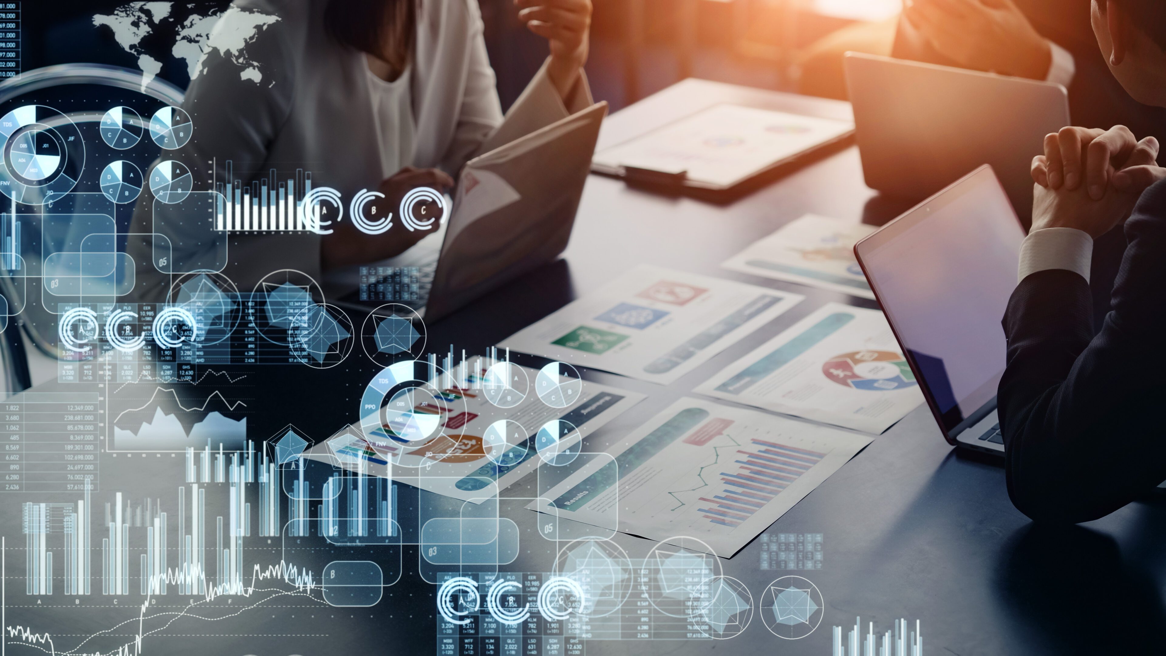 Statistics of business concept. Finance chart. Financial planning. Data analysis. Management strategy. Business people reviewing financial data.