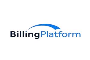 A blue and white logo of the billing platform.